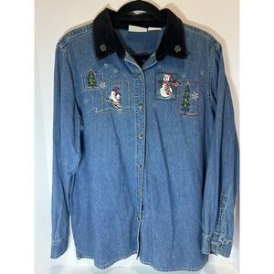 Basic Editions Blue Denim Button Down Shirt with Winter Embroidery